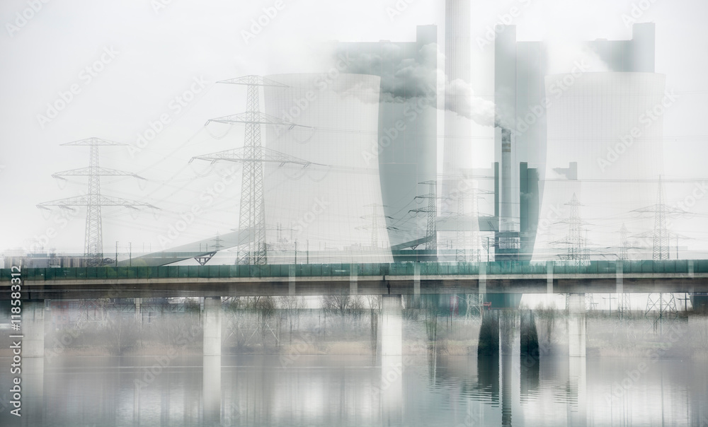 Coal Power Plant by Lake, abstract Study created by camera manipulation, industrial concept, filtered color, multiple exposure