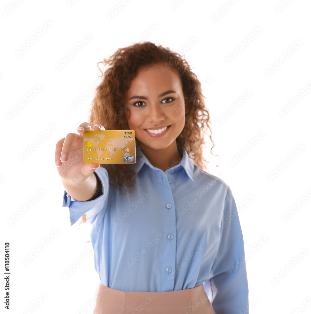 Attractive woman holding credit card on white background Attractive woman holding credit card on white background