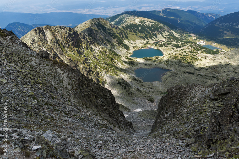 Amazing Panorama to Musalenski lakes from Musala Peak, Rila mountain, Bulgaria