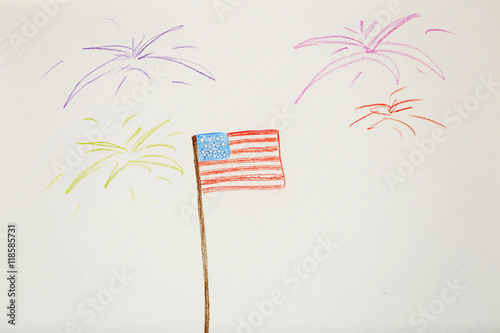 Child's drawing of American flag on paper