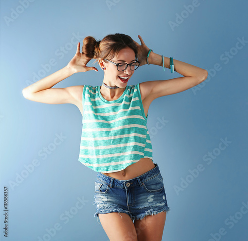 Beautiful girl on blue back...