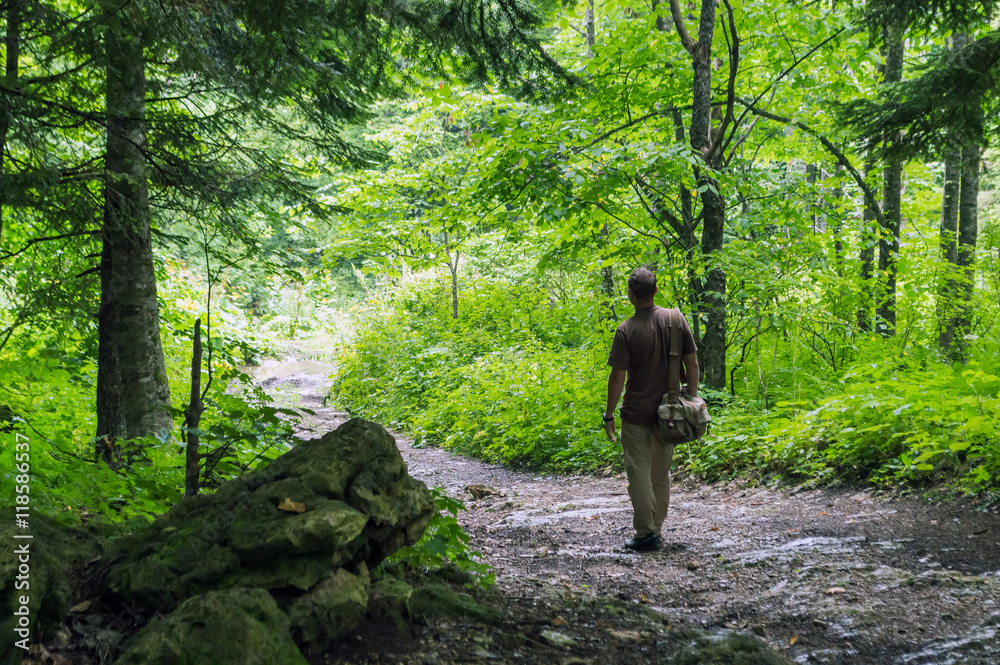 Man hiking through forested area.