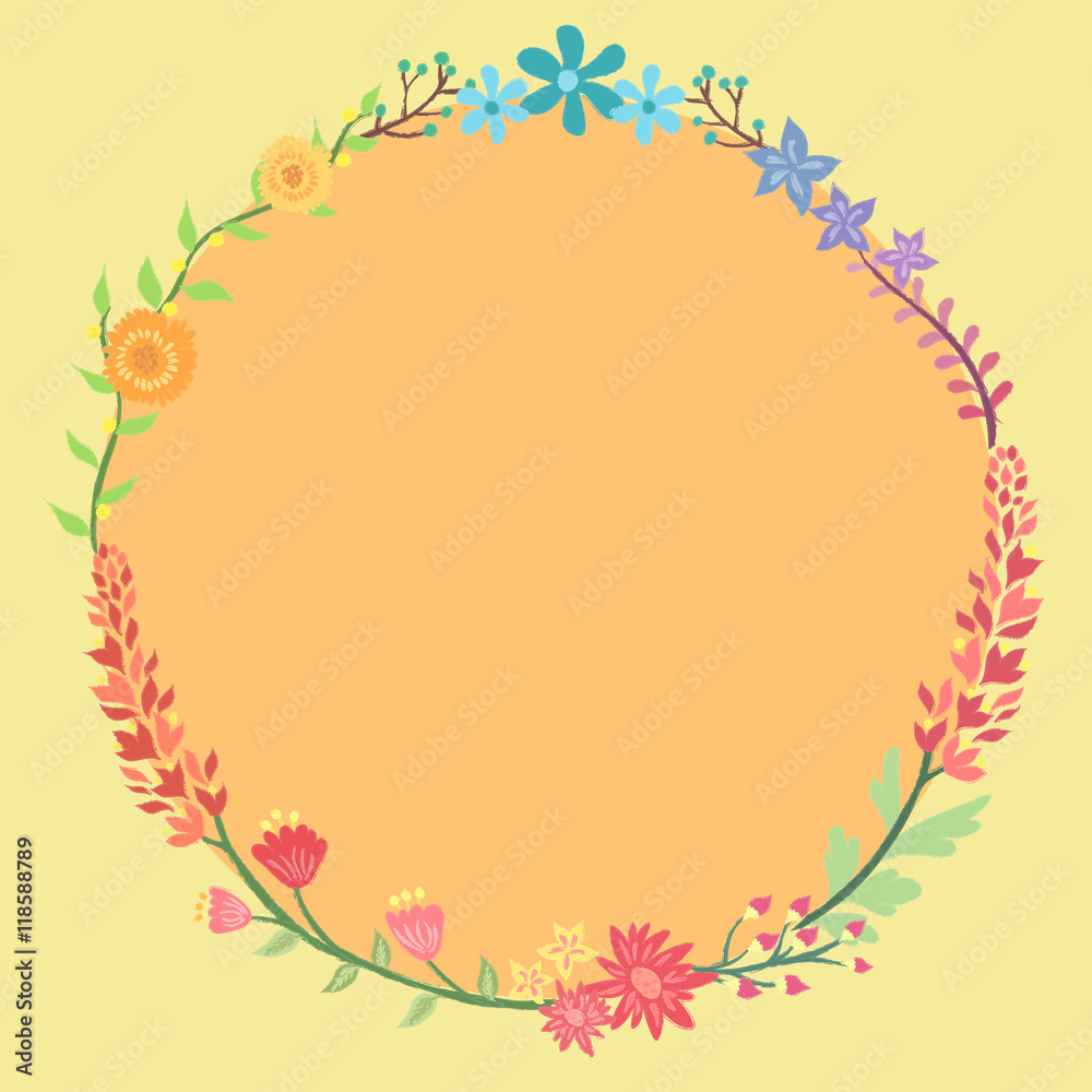 Combination of different and colorful flowers vector forming circle frame wreath in orange yellow background.