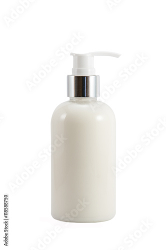 Plastic bottle of body lotion isolated on white background