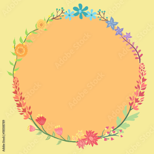 Combination of different and colorful flowers vector forming circle frame wreath in orange yellow background. © anitnov