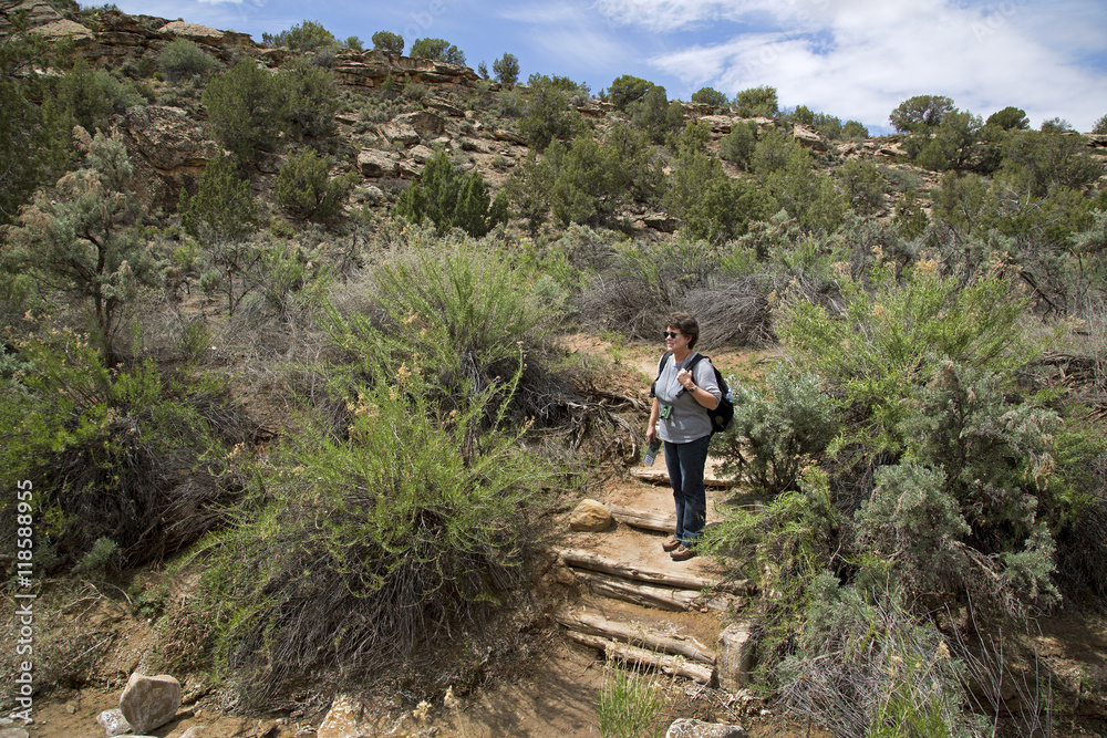 Hiker on a trail at Hovenweep National Monument