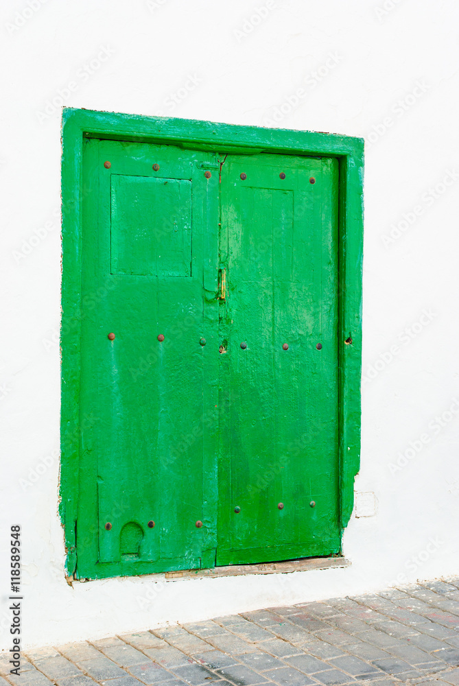 Green old door in Teguise.  Lanzarote. Canary Islands. Spain