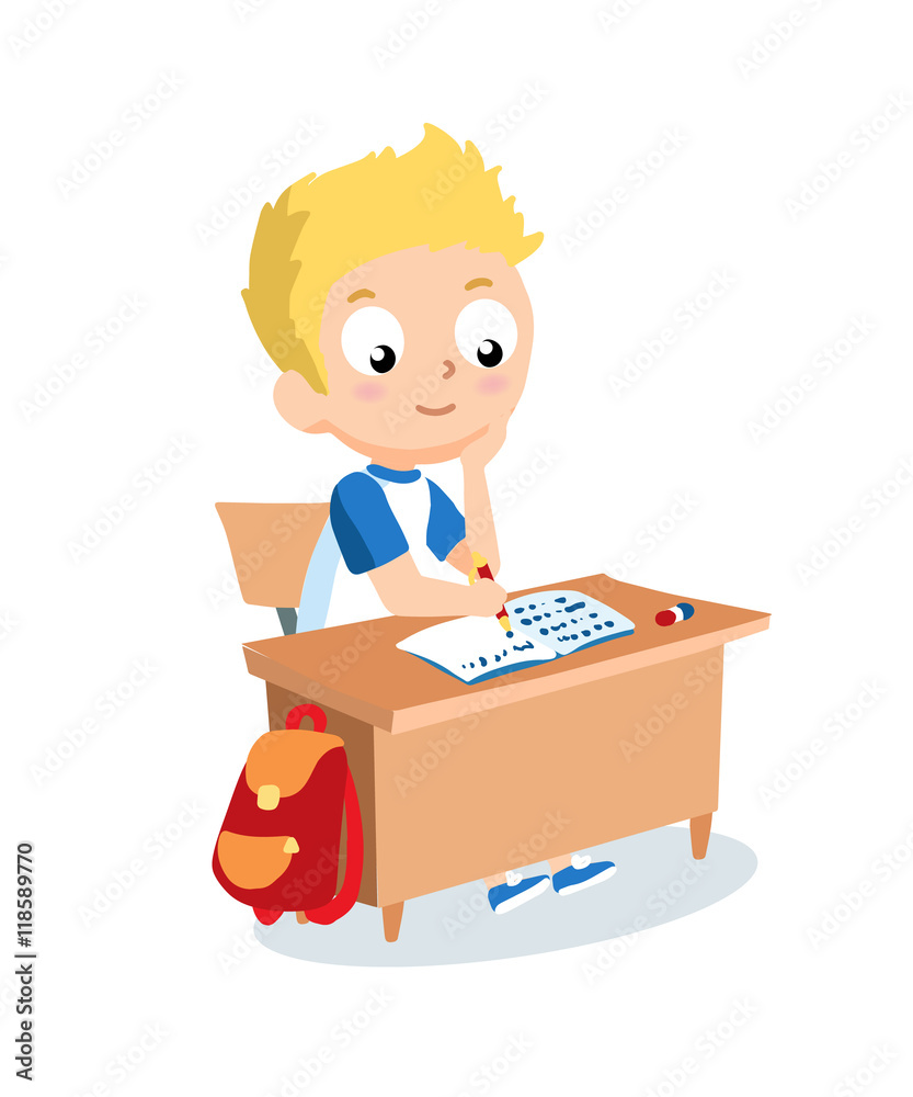 Schoolboy sitting at school desk. Pupil vector cartoon character. Schoolboy sitting at school desk. Pupil vector cartoon character.