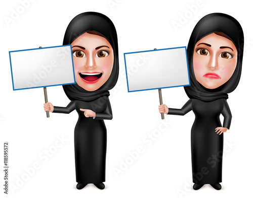 Female muslim arab vector characters holding white empty placard sign wearing black dress with happy and sad facial expressions isolated in white. Vector illustration
