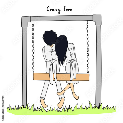 Vector greeting card on valentine's day. Two crazy people sitting on a swing in a straitjackets. Crazy romantic lovers. Doodle illustration