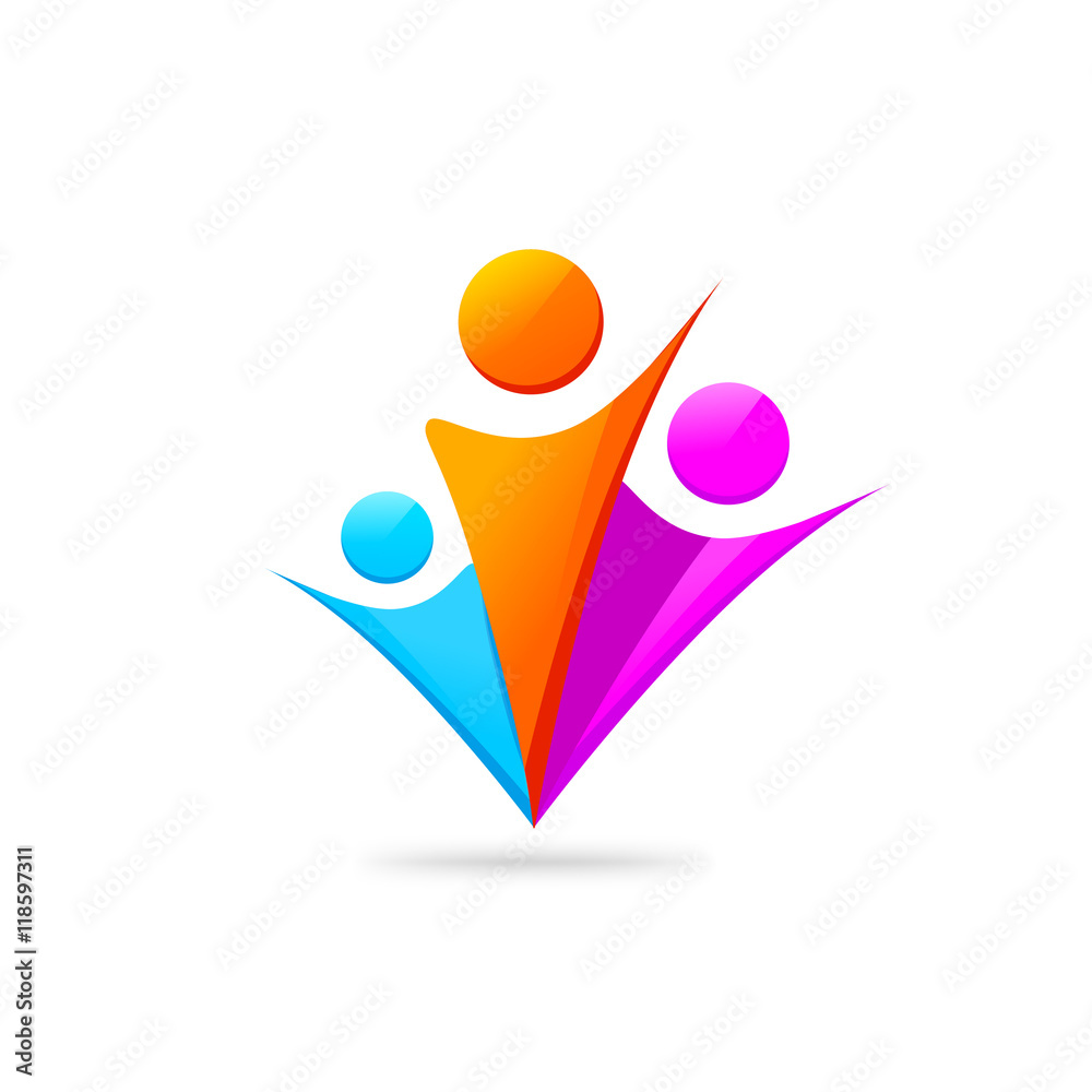 Three happy people logo template isolated on white, concept of motivated people union symbol with hands together, family support unity sign, group of persons community, abstract fiends, vector design Three happy people logo template isolated on white, concept of motivated people union symbol with hands together, family support unity sign, group of persons community, abstract fiends, vector design