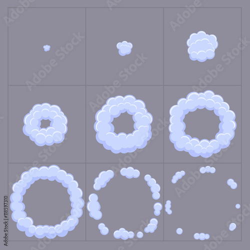 Cloud explosion effect animation. Game design cartoon animation frames. Flash.