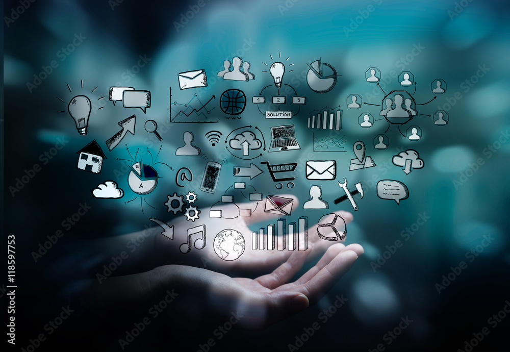 Businesswoman holding hand drawn web icons Businesswoman holding hand drawn web icons