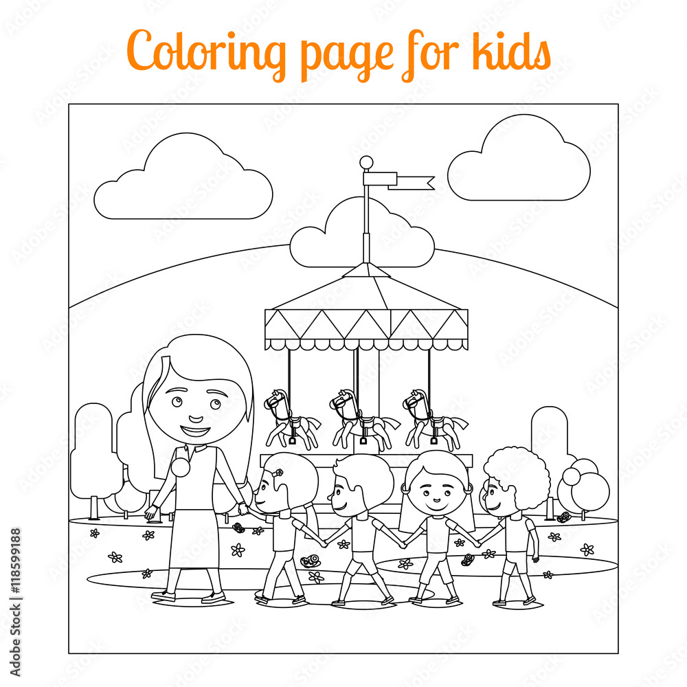 Coloring book page for kids with amusement park. vector illustration