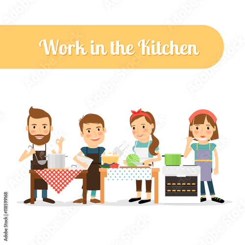 People in the kitchen cooking food. Vector illustration
