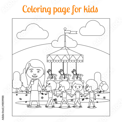 Coloring book page for kids with amusement park. vector illustration