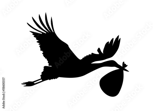Stork carries newborn baby in a bag