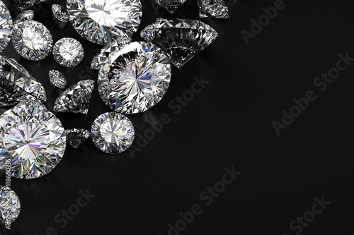 Realistic group of diamond placed on black background 3D illustration