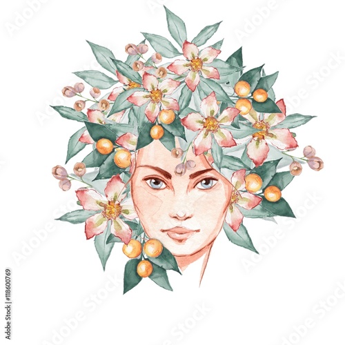 Fototapeta Naklejka Na Ścianę i Meble -  Face of Summer. Beautiful female face and flowers. Hand-drawn watercolor illustration 1