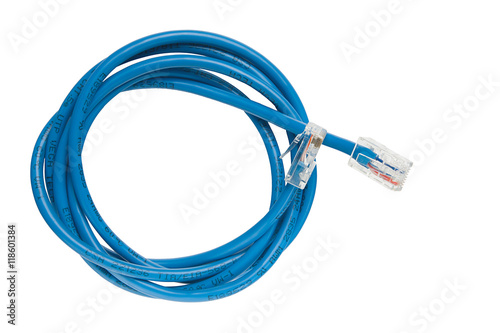 Twisted pair (patch cord) blue network Internet cable isolated over white background. Top view © ruslan_khismatov