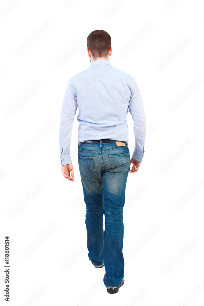 Back view of walking businessman.  Rear view people collection. Backside view of person. Isolated over white background.  Bearded businessman in a white shirt out of the frame.