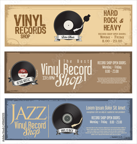Vinyl record shop retro grunge banner
