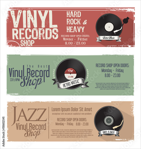 Vinyl record shop retro grunge banner