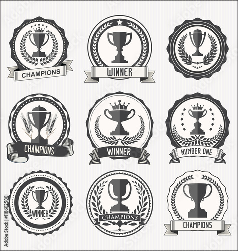 Award cups and trophy icons with laurel wreaths colelction photo