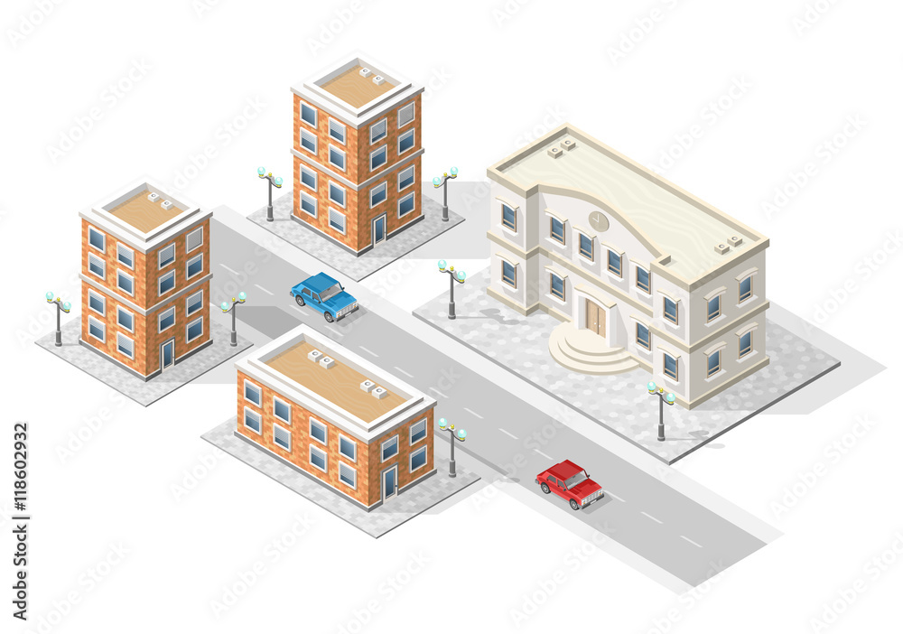 Set of Isolated High Quality Isometric City Elements on White Background.