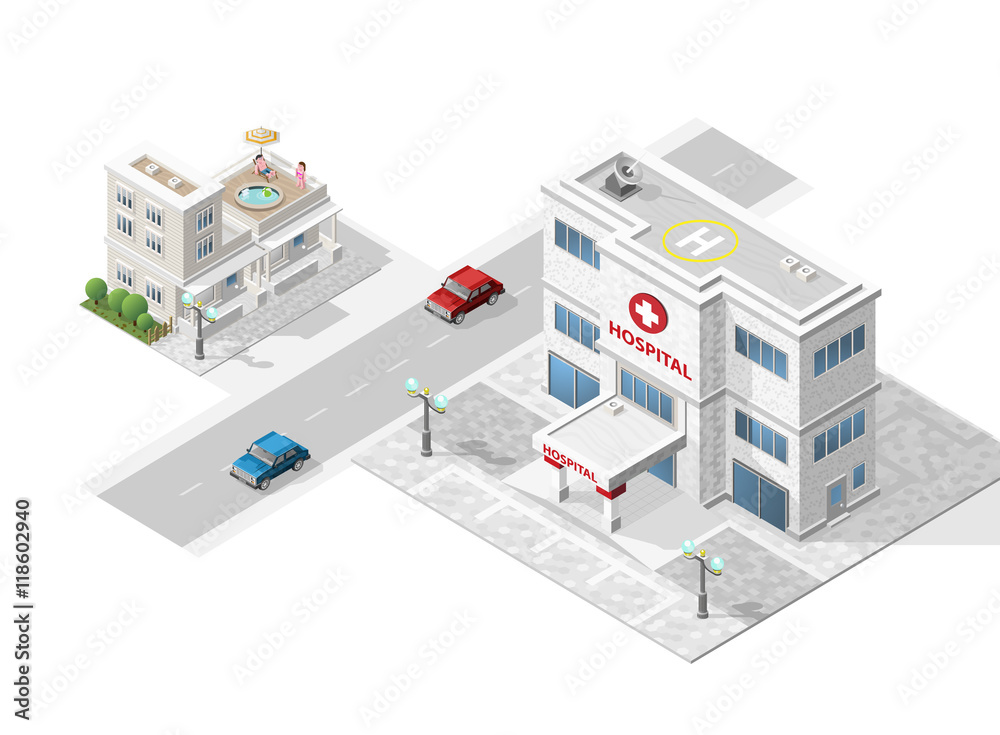 Set of Isolated High Quality Isometric City Elements on White Background.