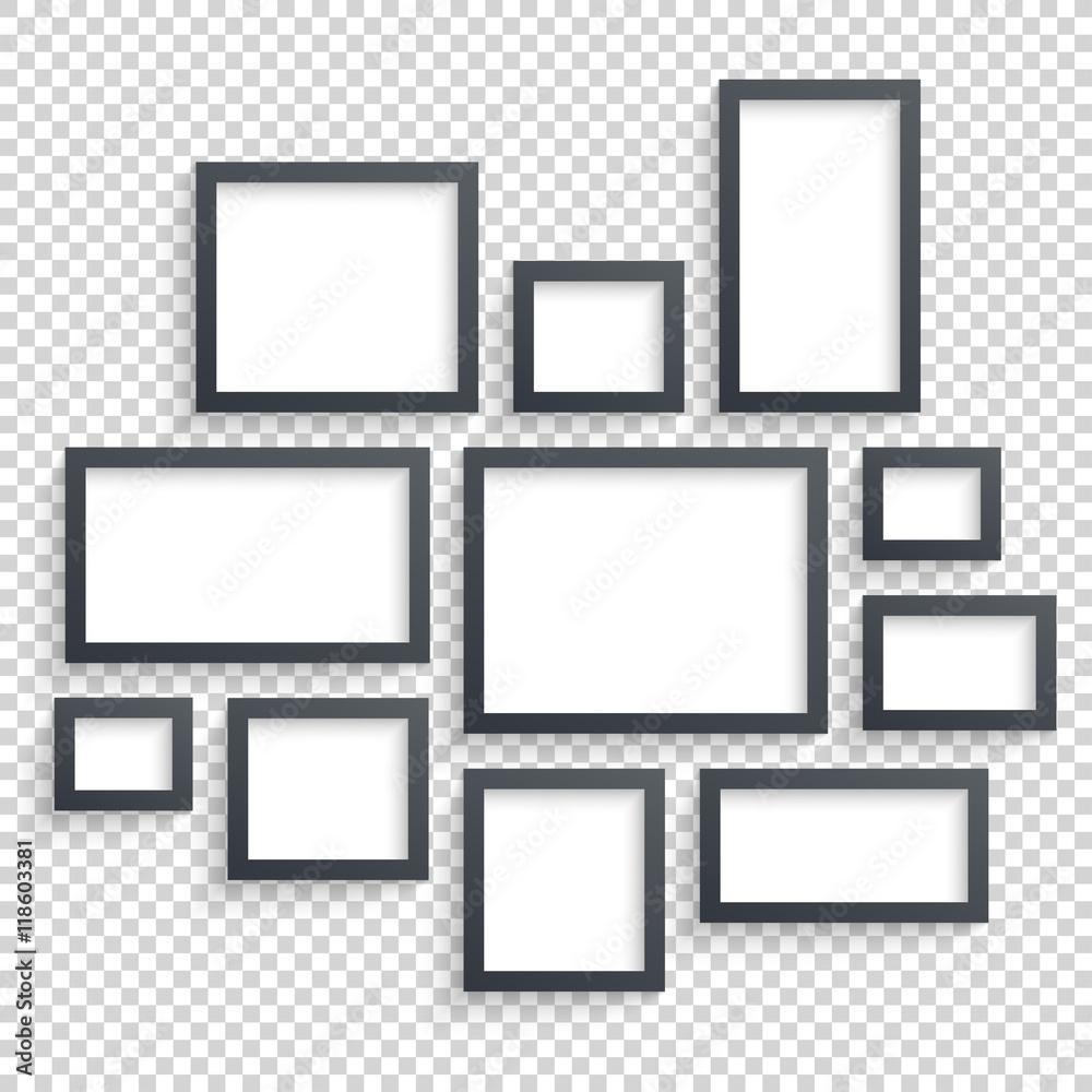 Picture frames vector. Photo art gallery. Dark Blank Collection on Wall with Transparent Realistic Shadow Picture frames vector. Photo art gallery. Dark Blank Collection on Wall with Transparent Realistic Shadow