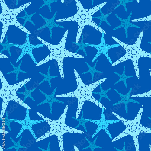 Exotic starfishes colorful seamless pattern on blue background