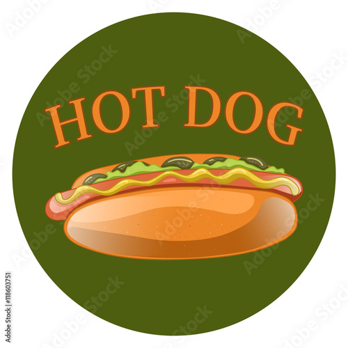Hot Dog Cartoon Illustration. Classic american fast food - sausage with mustard in a bun. Hotdog sandwich. Vector isolated icon of hot-dog for poster, menus, brochure, web and mobile application.