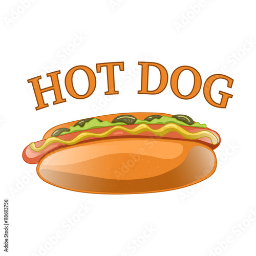 Hot Dog Cartoon Illustration. Classic american fast food - sausage with mustard in a bun. Hotdog sandwich. Vector isolated icon of hot-dog for poster, menus, brochure, web and mobile application.