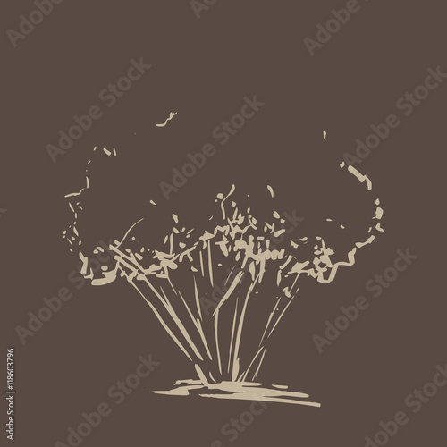 Stylized tree. Hand drawn. Beige tree sketch silhouette isolated on dark brown background. Vector illustration. Vintage engraved background. 