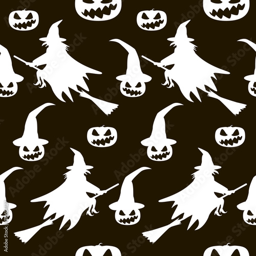 Witches on broomsticks and evil pumpkins in hats