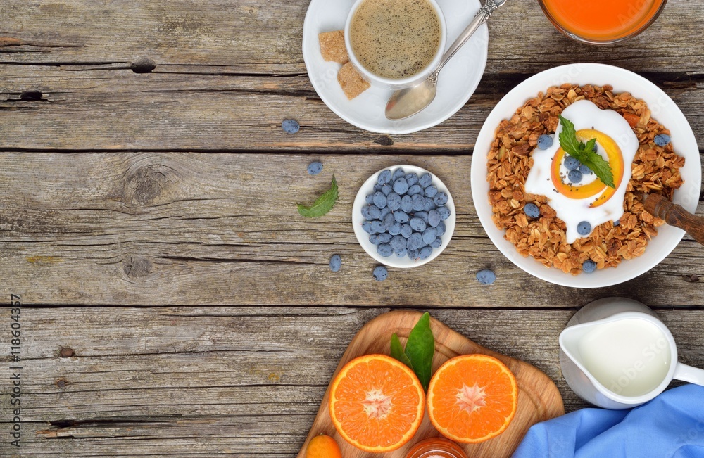 Homemade granola or muesli. Healthy breakfast with text space, top view. Health and diet concept.