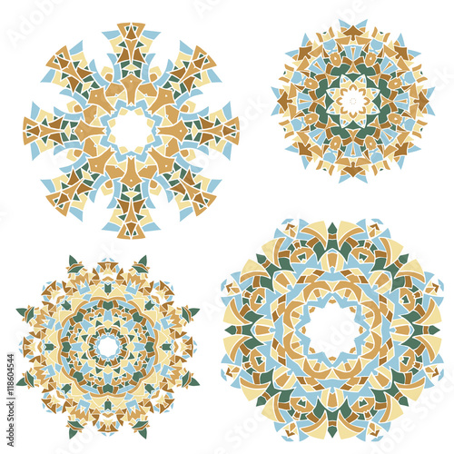 Set of geometric vector decorative elements for design, prints, stickers, web design and textiles. Round kaleidoscopic mosaic patterns in pastel colors.