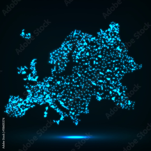 Abstract map of of Europe with glowing particles, vector illustration, eps 10