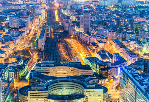 Night aerial view of Paris Train Station photo