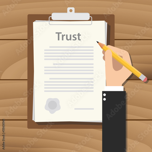 trust concept agreement with hand hold pencil signing paper document on clipboard on wood table