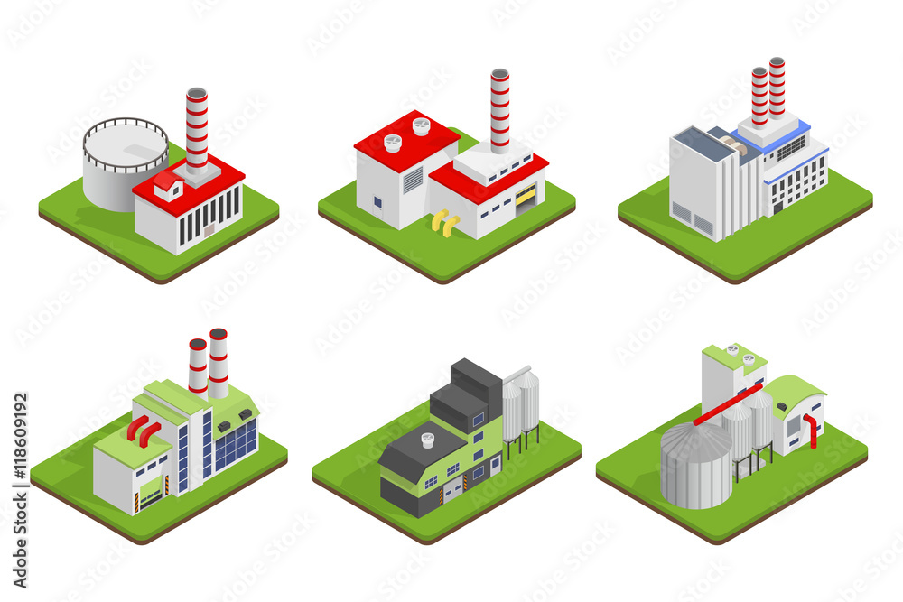 Icons and compositions of industrial building, isolated constructions, subjects isometric view, 3D. Vector set of industry.