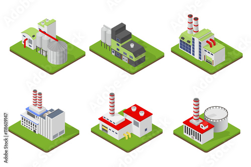 Icons and compositions of industrial building, isolated constructions, subjects isometric view, 3D. Vector set of industry.