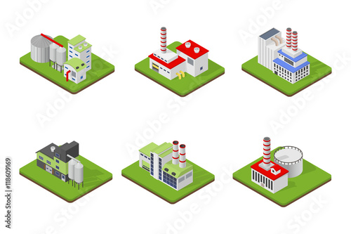 Icons and compositions of industrial building, isolated constructions, subjects isometric view, 3D. Vector set of industry.