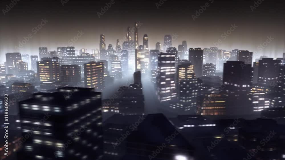 3d animated cityscape by night. Loop. 