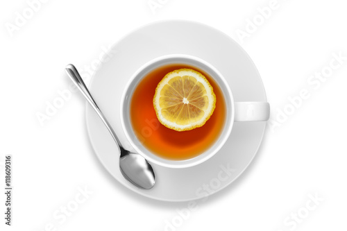 Cup of tea with lemon isolated on white background