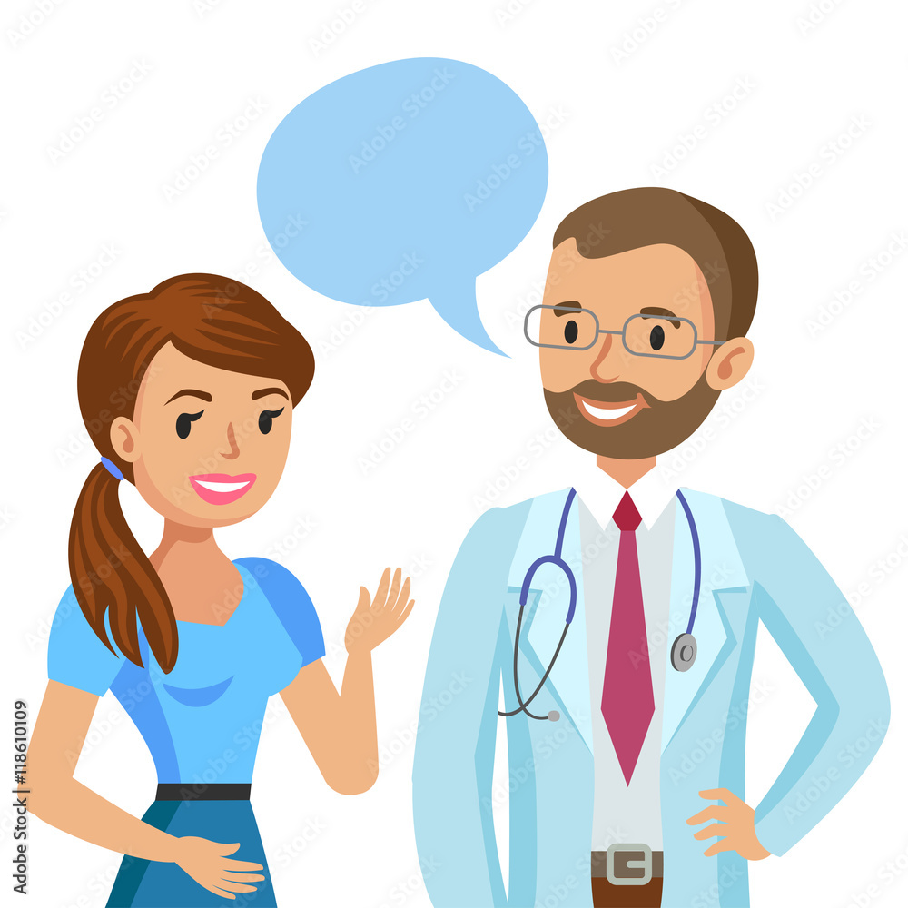 Doctor and patient. Woman talking to physician. Vector