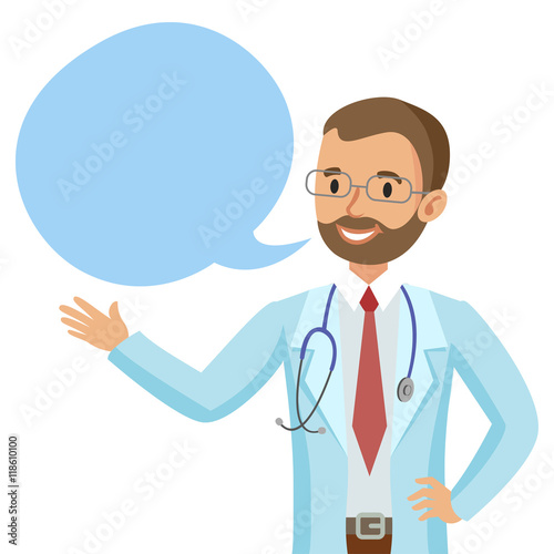 Smiling doctor with speech bubble. Happy physician. Vector