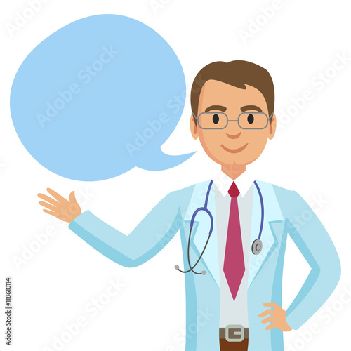 Smiling doctor with speech bubble. Happy physician. Vector