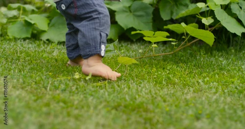Little toddler boy tried to walk,The one year old cute fair-head boy is making his first steps in green garden
